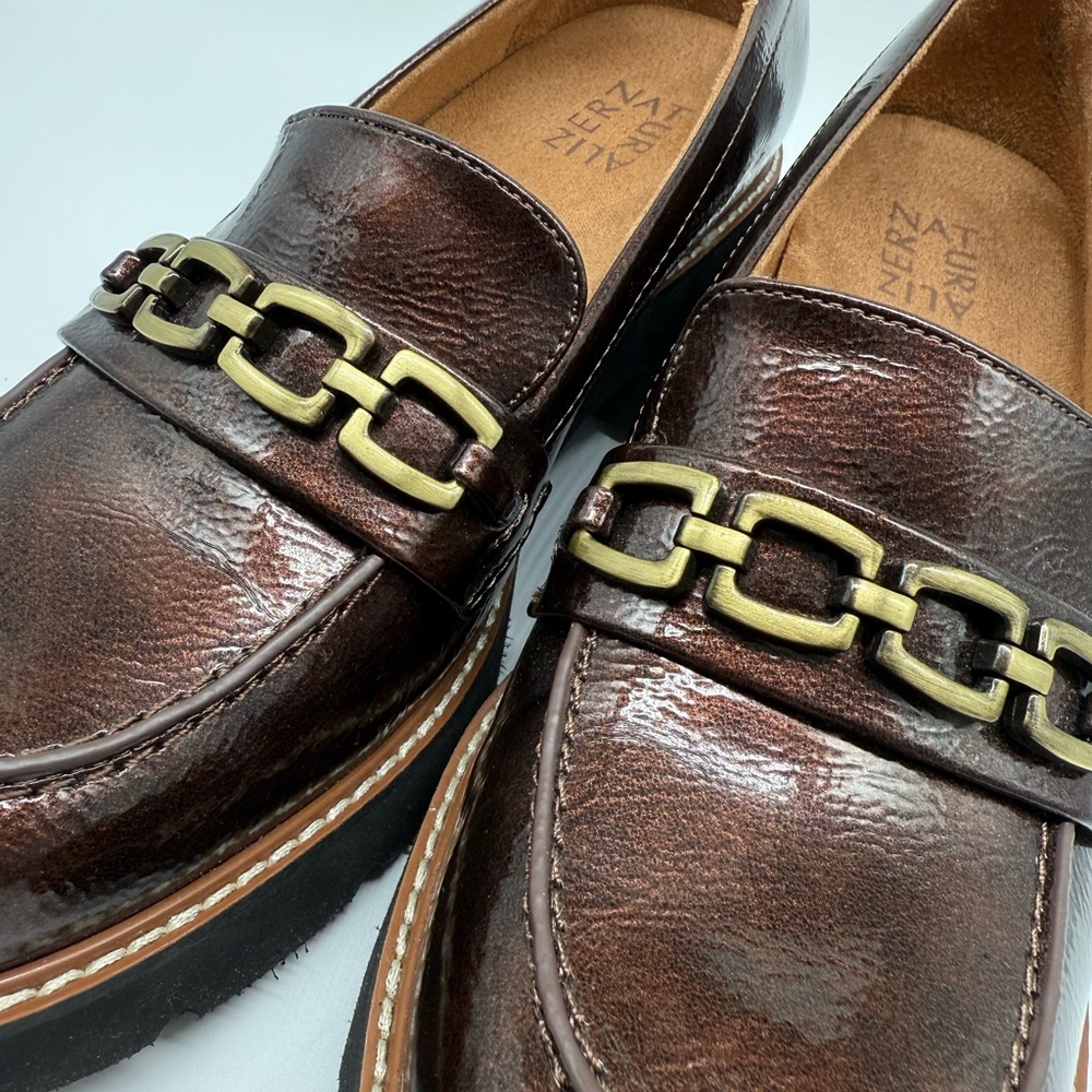 Naturalizer Women's Shiny Brown Loafers with Gold Accent and chunky heel - Picture 3 of 9